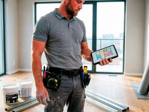 Профессиональный инженер-сметчик фирмы Рустрой с планшетом на объекте